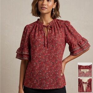 Max Studio Rust Floral Tie-Neck Ruffle-Sleeve Blouse